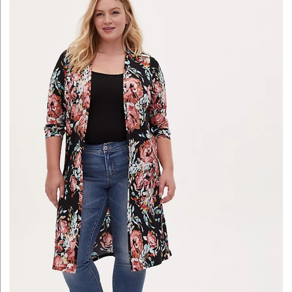 Torrid Black Floral Open Front Longline Cardigan 2X